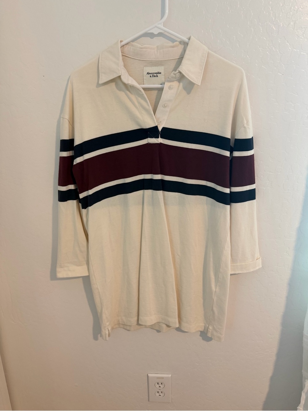Abercrombie & Fitch Cream Rugby Shirt Dress with Burgundy and Navy Stripes